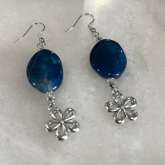 Blue Crackle Quartz and Silver Flower Drop Earrings - Picture 3 of 6